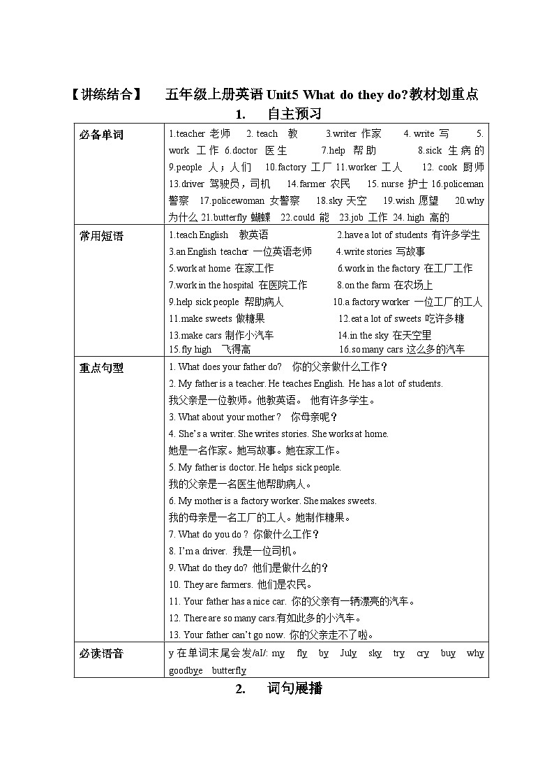 【期中重难点】译林版英语五年级上册--Unit5《What do they do》教材重难点讲学案01