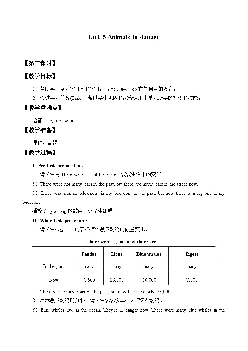 沪教版(六三制三起)小学六年级英语上册 Module 2 Unit  5  Animals in danger 教案2第1页