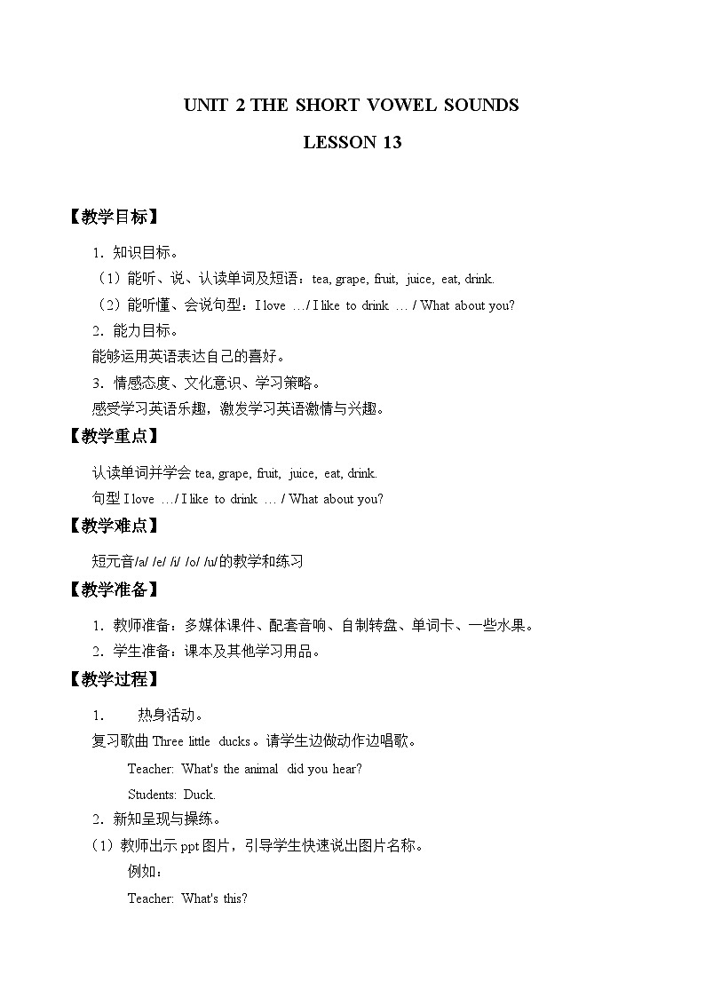 清华大学版小学英语三年级上册 UNIT 2 THE SHORT VOWEL SOUNDS Lesson 13 教案01
