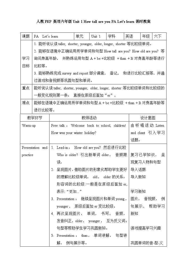 Unit 1 How tall are you PA let 's learn 教案第1頁