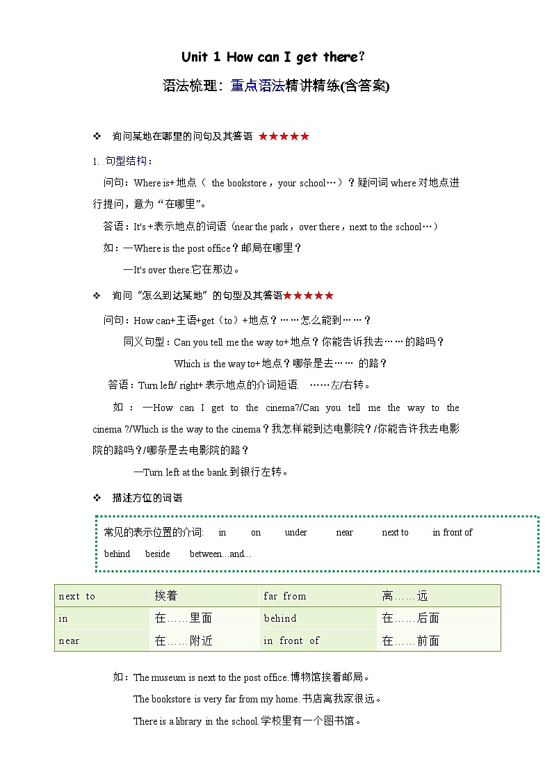 Unit1语法(复习讲义)-2023-2024学年六年级英语上册单元速记·巧练(人教版三起)第1页