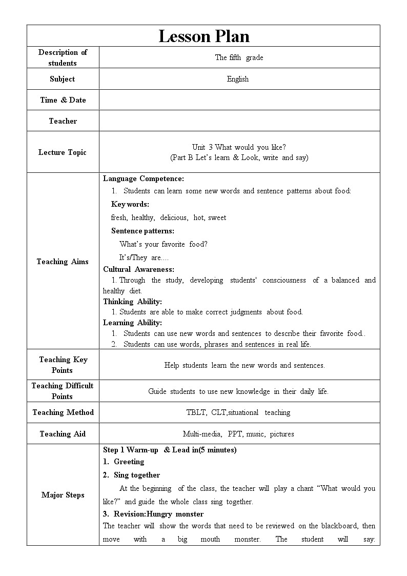 Unit 3 What would you like_ (Part B Let’s learn & Look, write and say) (教案)人教PEP版英语五年级上册01