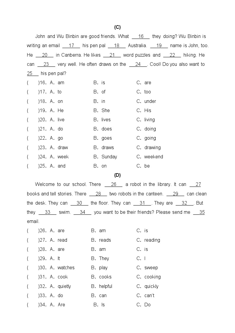 【期末复习】（人教PEP版）2023-2024学年 小学英语 六年级上册 期末专项（十一）-完型填空 训练（含答案）02