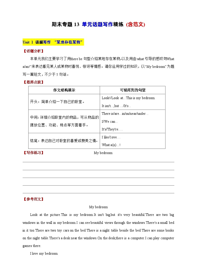 【期末复习】（译林三起）2023-2024学年五年级英语上册期末专题复习 专题13 Unit 1-Unit 8单元话题写作精练(含范文)01