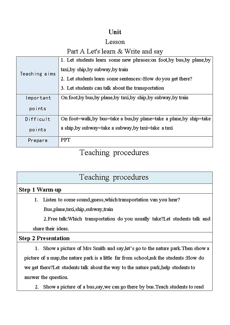 Unit 2 Ways to go to school Part A Let's learn(教案)人教PEP版英语六年级上册第1页