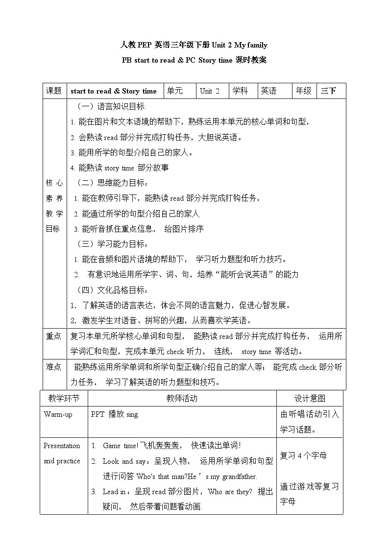 【素养达标】人教PEP版三年级下册-Unit 2 My family Start to read & Story time(课件+教案+习题)01