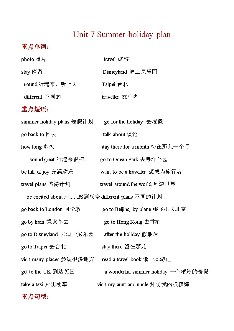 寒假预习:单元知识梳理+巩固练习+Unit+7+六年级英语下册+译林版(三起)含答案第1页