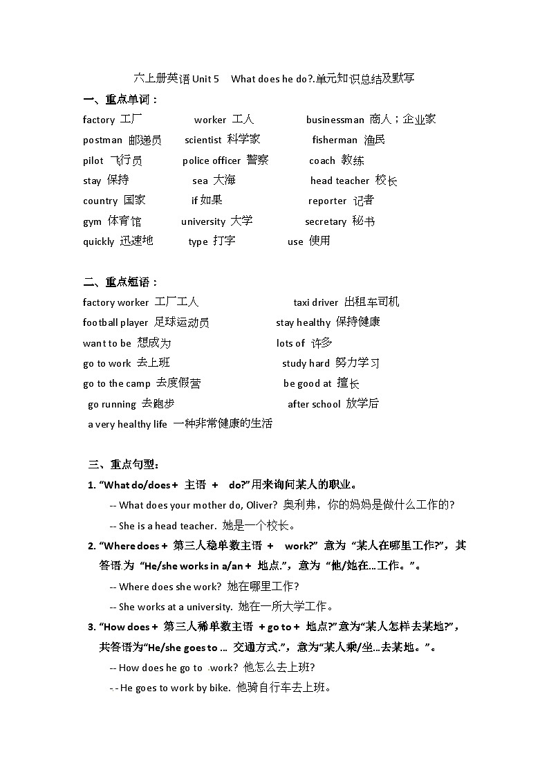 Unit 5 What does he do.单元知识总结(素材)人教PEP版英语六年级上册01