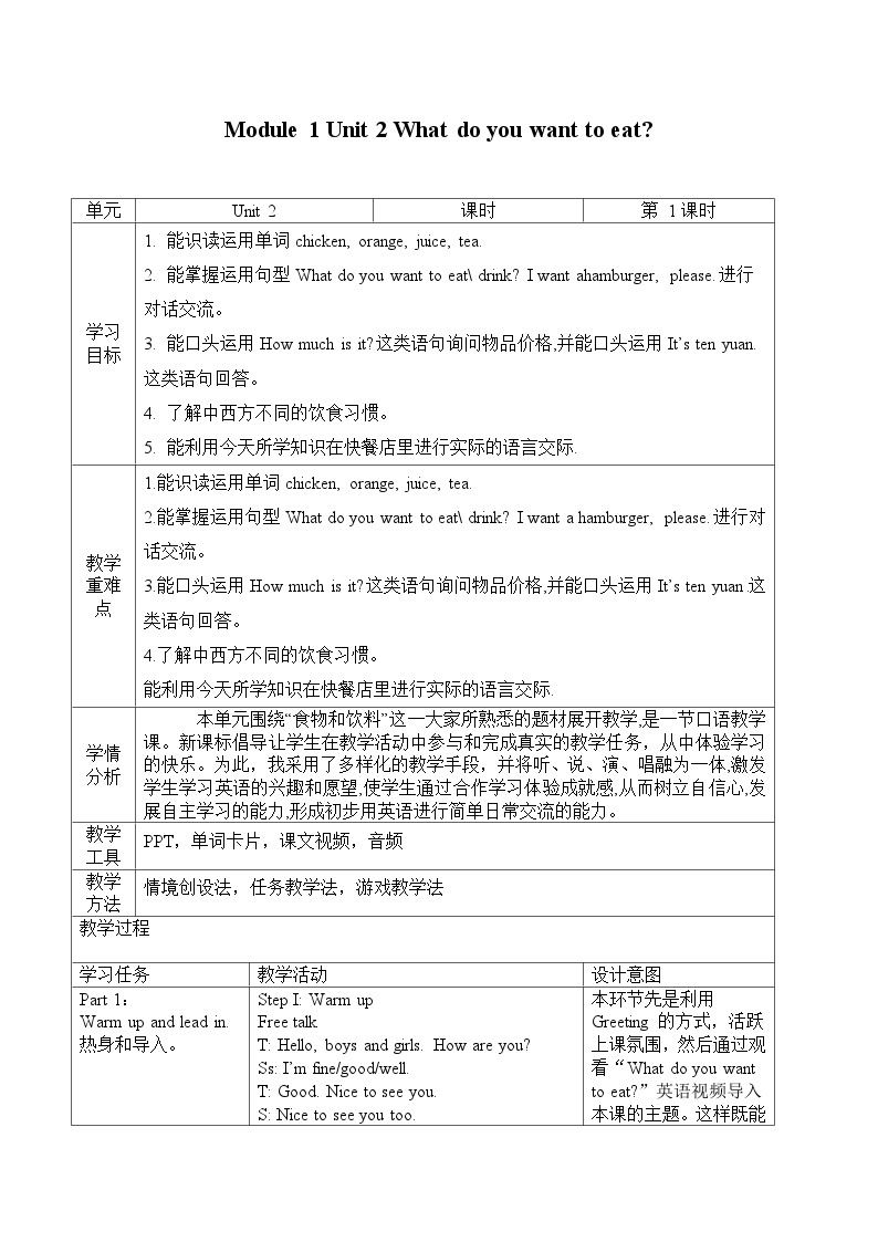 外研版英语六年级下册 Module 1 Unit 2 What do you want to eat 教学课件+同步教案01