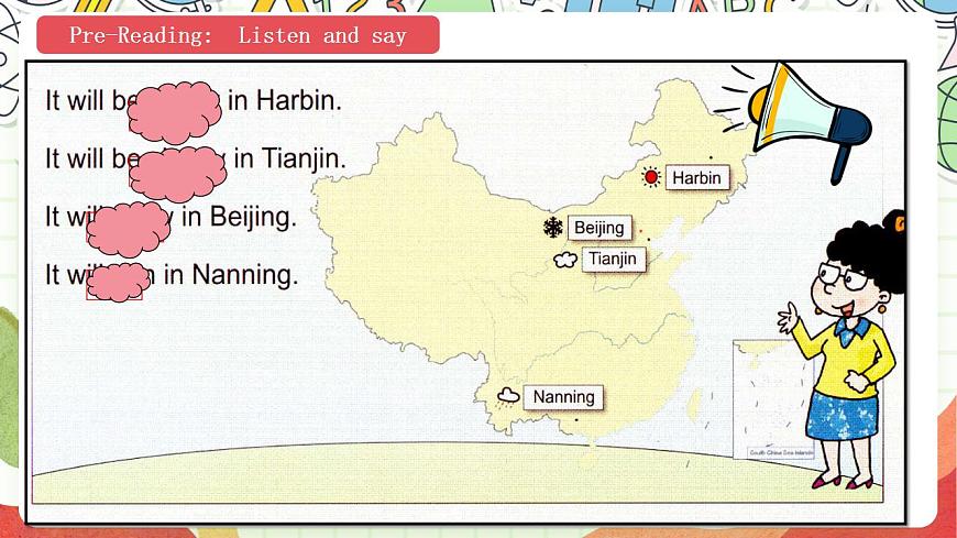 【趣味公開(kāi)課課堂】外研版三起英語(yǔ)六下 Module2 Unit2 It will snow in Harbin 課件第6頁(yè)