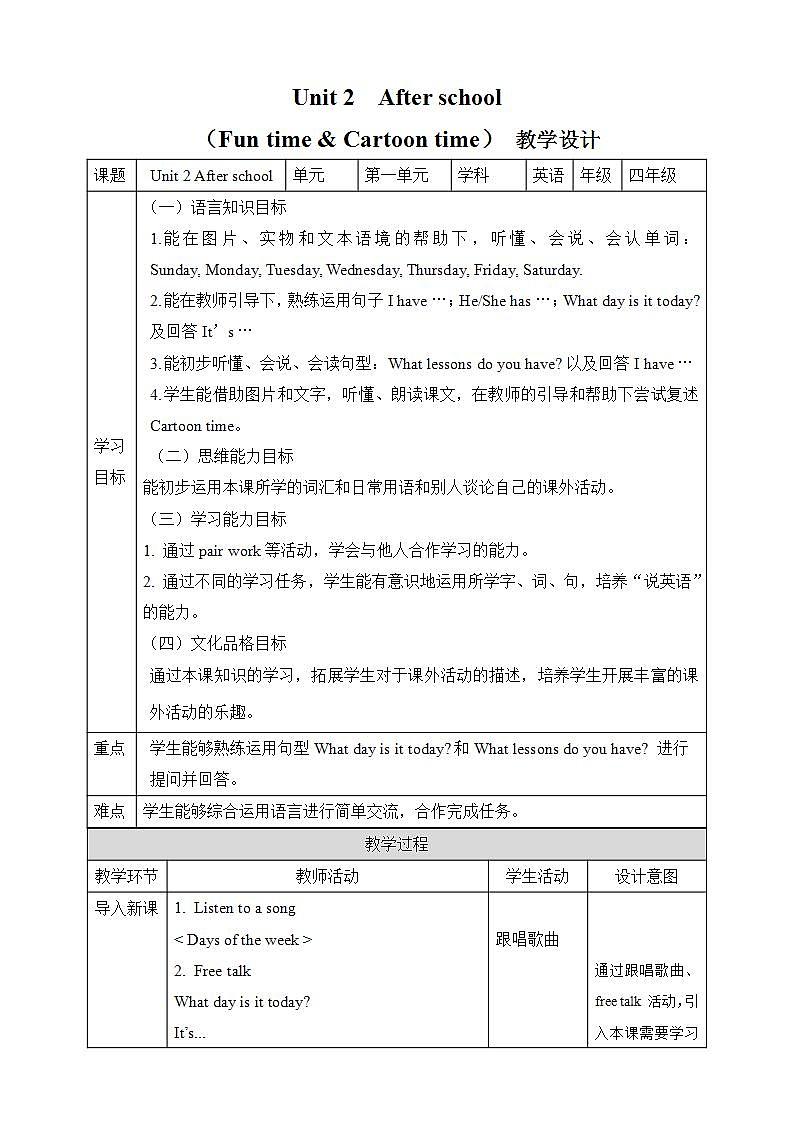 【趣味课堂】牛津译林版英语四下 Unit 2 《After school Fun time & Cartoon time》 课件+教案+练习+素材01