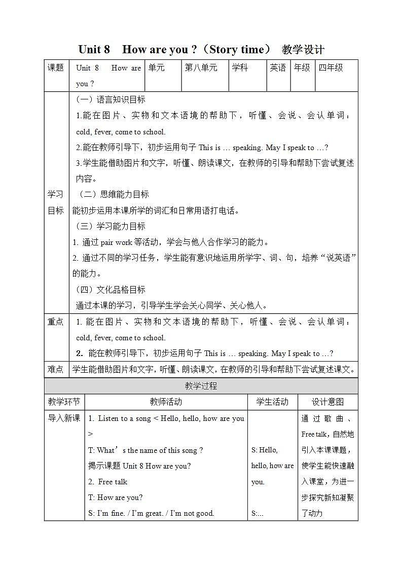 【趣味课堂】牛津译林版英语四下 Unit 8 《How are you_ Story time 》课件+教案+练习+素材01