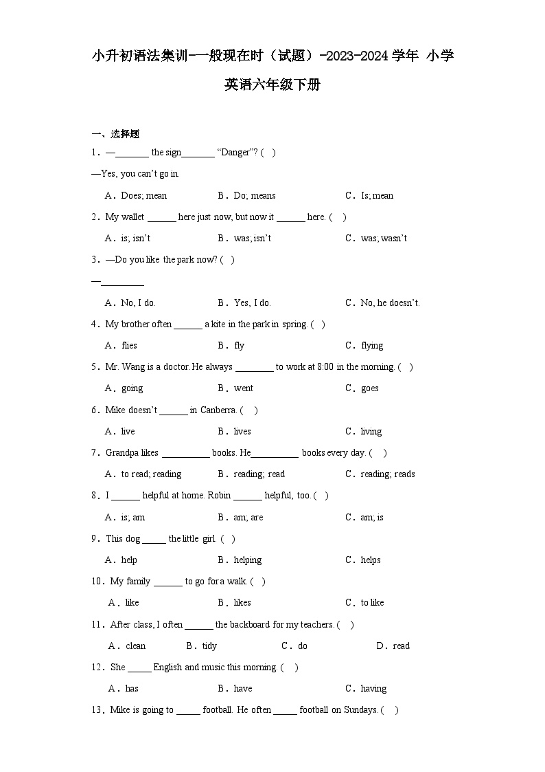 小升初语法集训-一般现在时（试题）-2023-2024学年通用版英语六年级下册