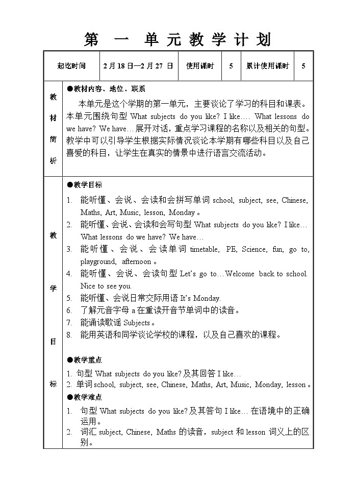 教学计划(知识清单)-2023-2024学年译林版(三起)英语四年级下册01