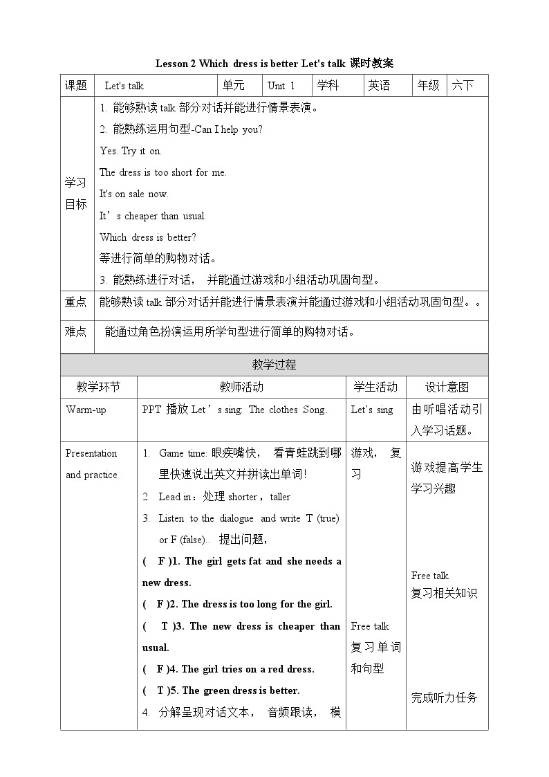 川教版英语六下Unit 1 Lesson  2  Which dress is better   Let's talk  课件+教案+练习+素材01