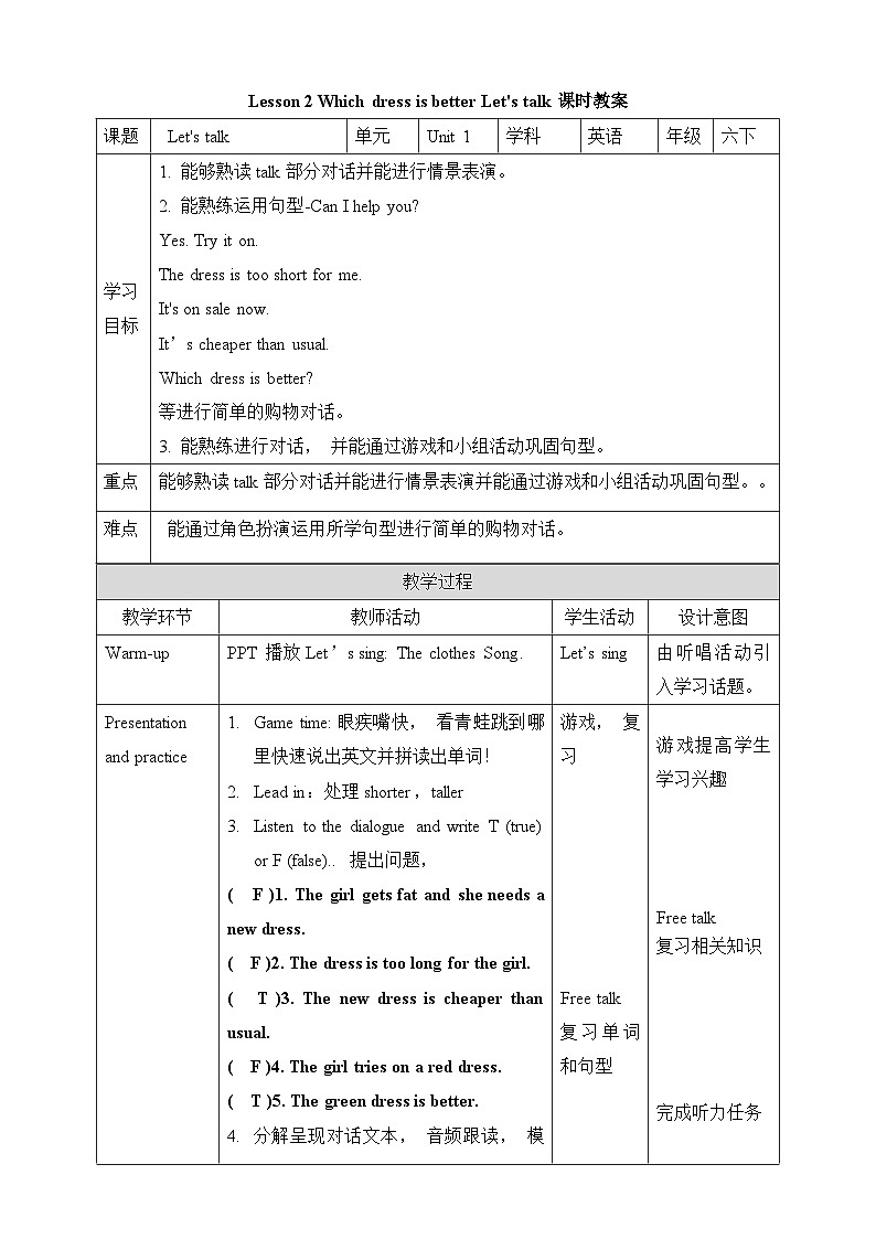 川教版英语六下Unit 1 Lesson 2 Which dress is better Let's talk 课件+教案+练习+素材01