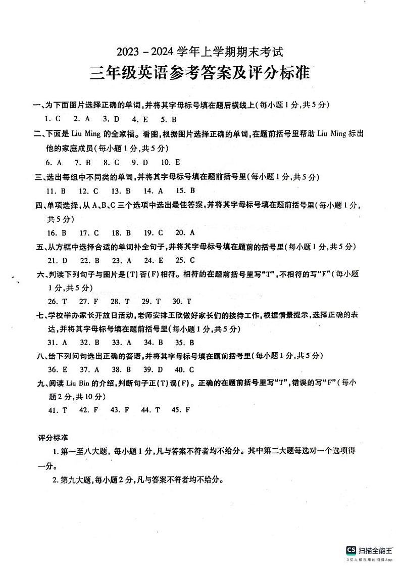 河南省漯河市舞阳县2023-2024学年三年级上学期期末考试英语试题第1页