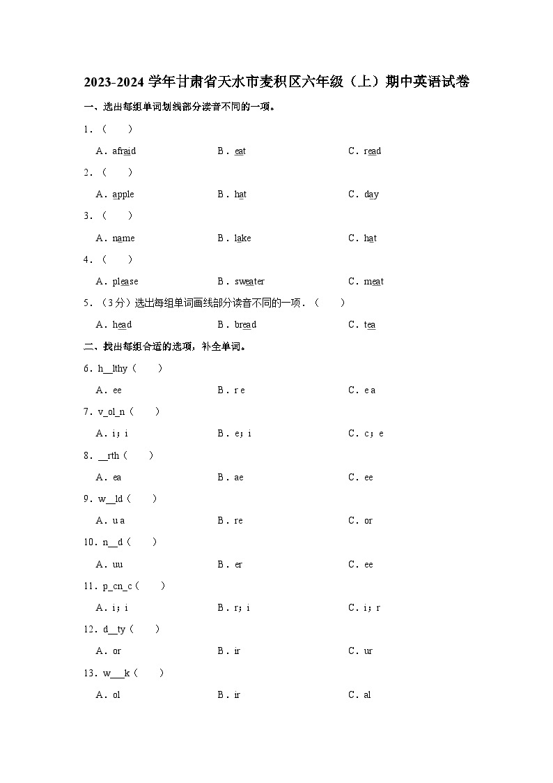 2023-2024学年甘肃省天水市麦积区六年级上学期期中英语试卷（含答案）01