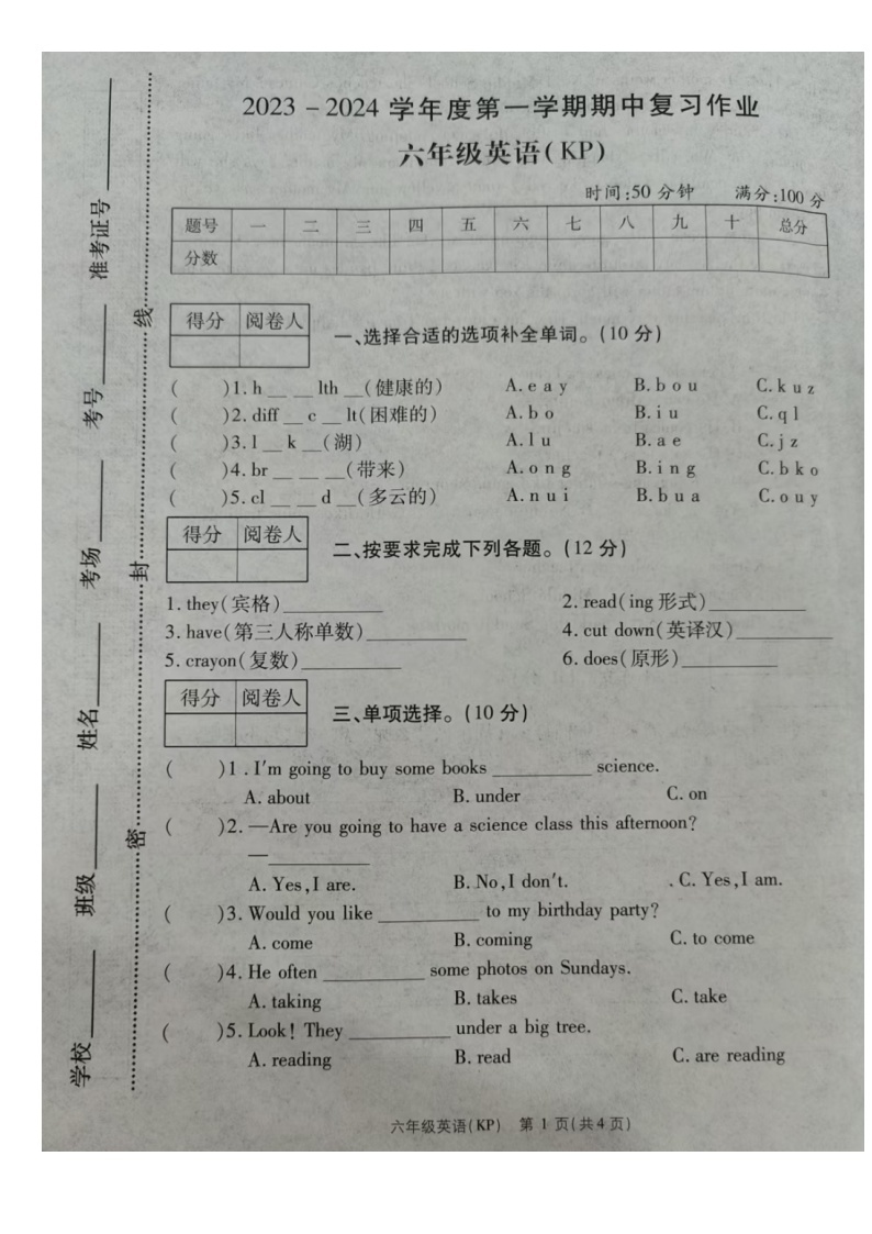 河南省郑州市2023-2024学年六年级上学期期中英语试题01
