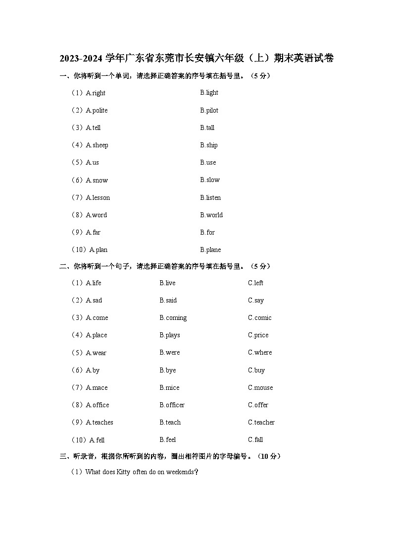 2023-2024学年广东省东莞市长安镇六年级上学期期末英语试卷01