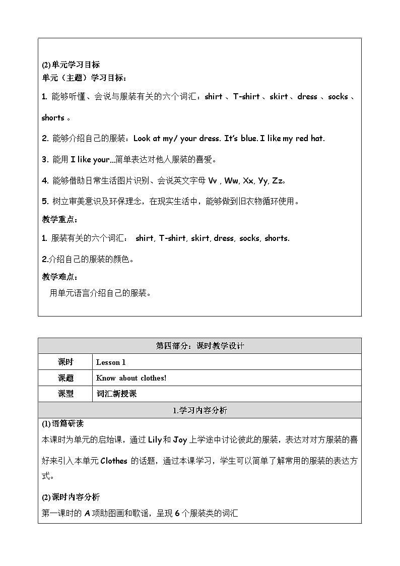 人教版新起点英语一年级下册Unit 6 Clothes 教案第3页
