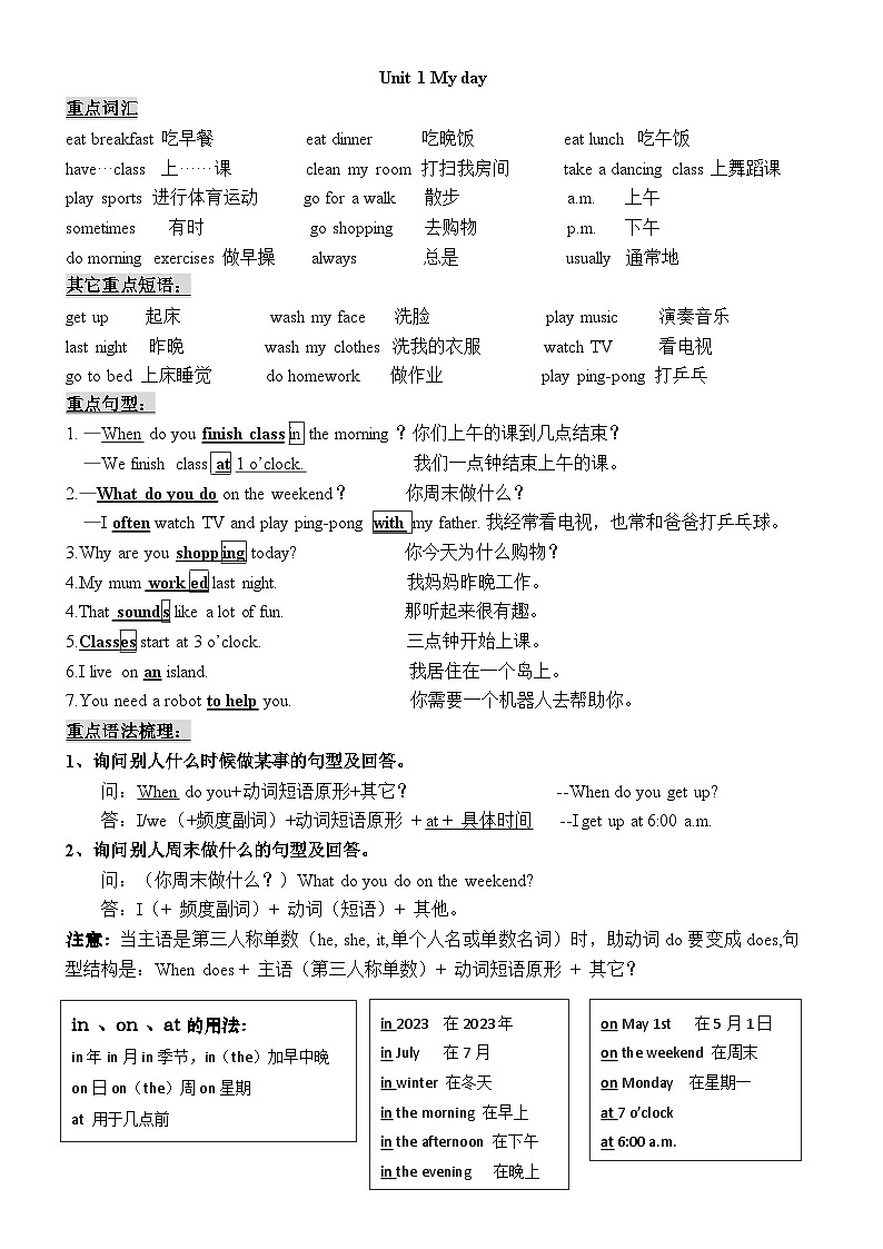 人教PEP五年级英语下册期末知识点归纳总结(素材)第1页