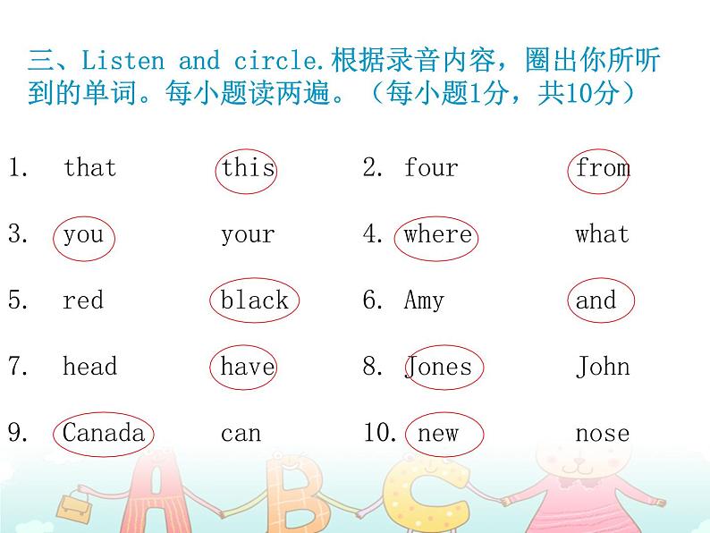 【期末复习】小学三年级下册英语习题课件-Unit 1测试卷 人教(PEP)(含听力) (2份打包)04