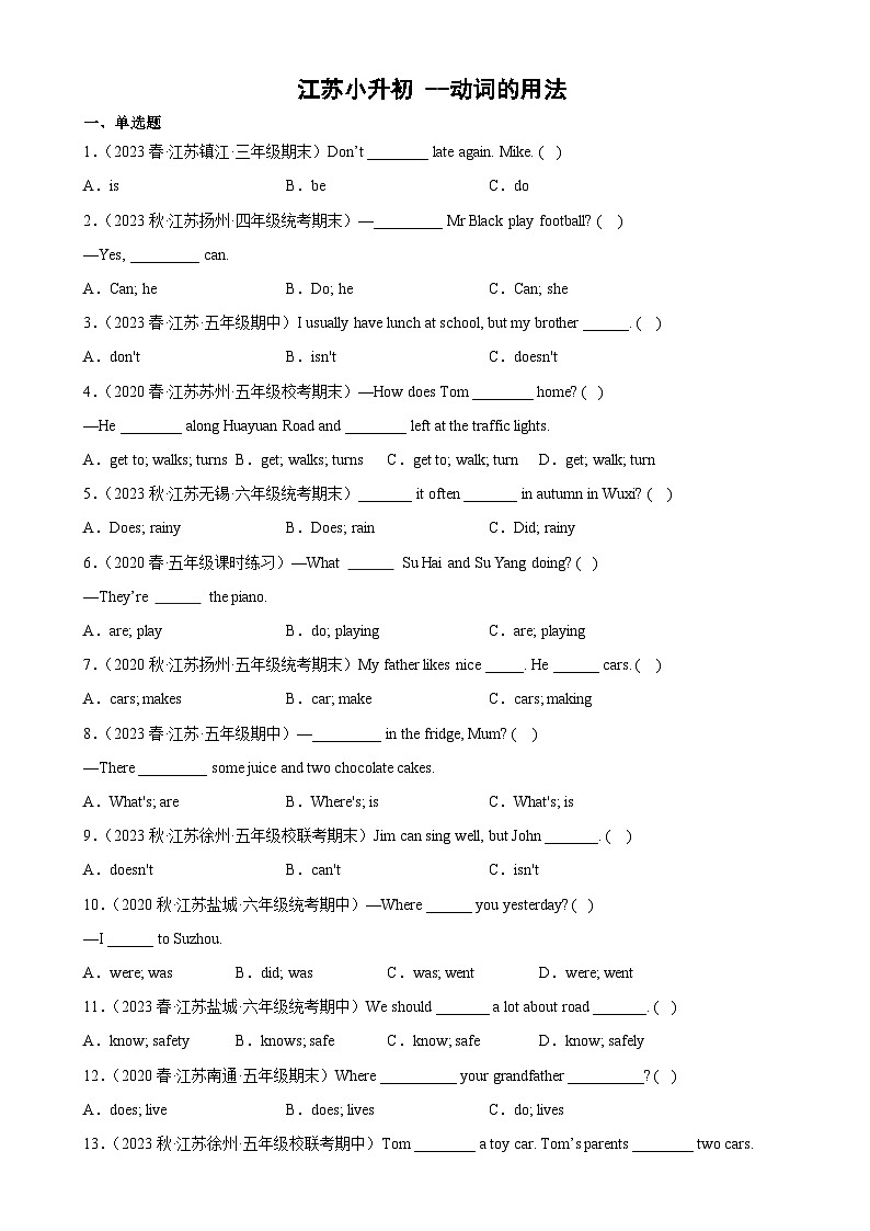 2023年 江苏小升初 语法专项精练--动词 的用法(含答案解析)译林版三起第1页