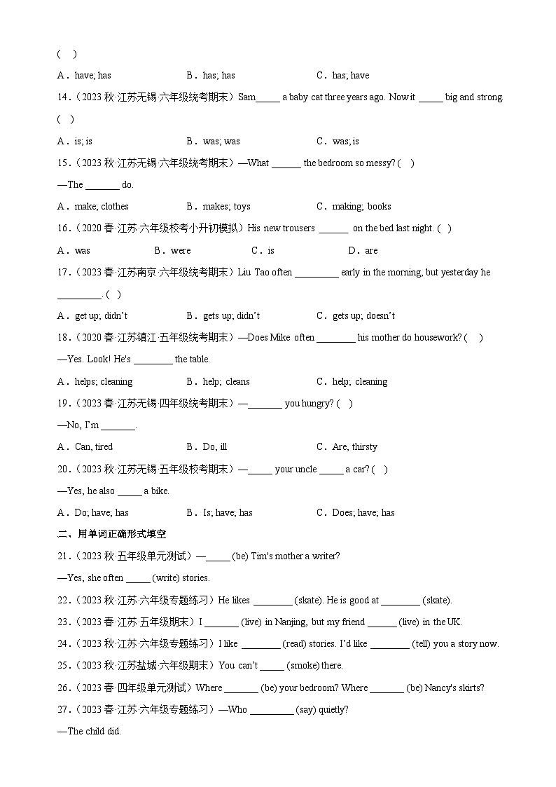 2023年 江苏小升初 语法专项精练--动词 的用法(含答案解析)译林版三起第2页