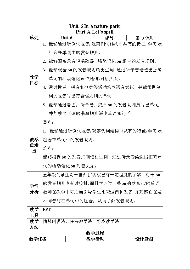 Unit 6 In a nature park Part A 教学设计(表格式) (2)01