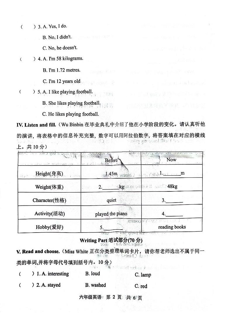 山东省菏泽市巨野县2023-2024学年六年级下学期期末学情调研英语试题第2页