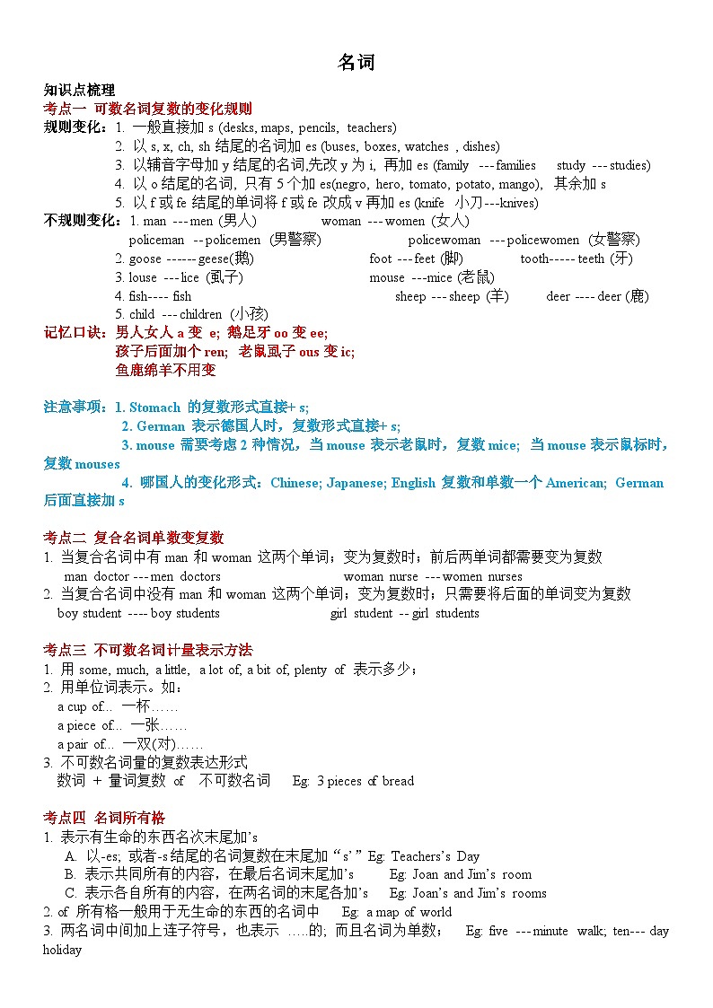 牛津译林版暑假五升六英语语法预习名词讲义+练习(含答案)01