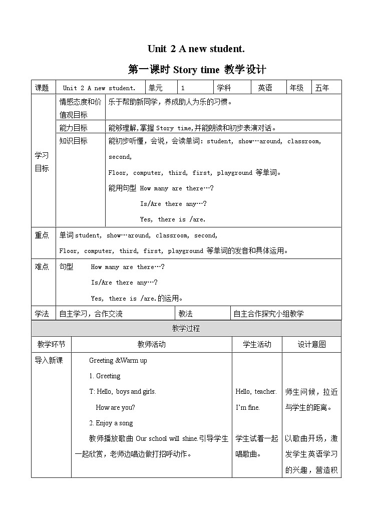 牛津译林版英语五上五上Unit2 A new student 第1课时 Story time(课件+教案+练习+素材)01
