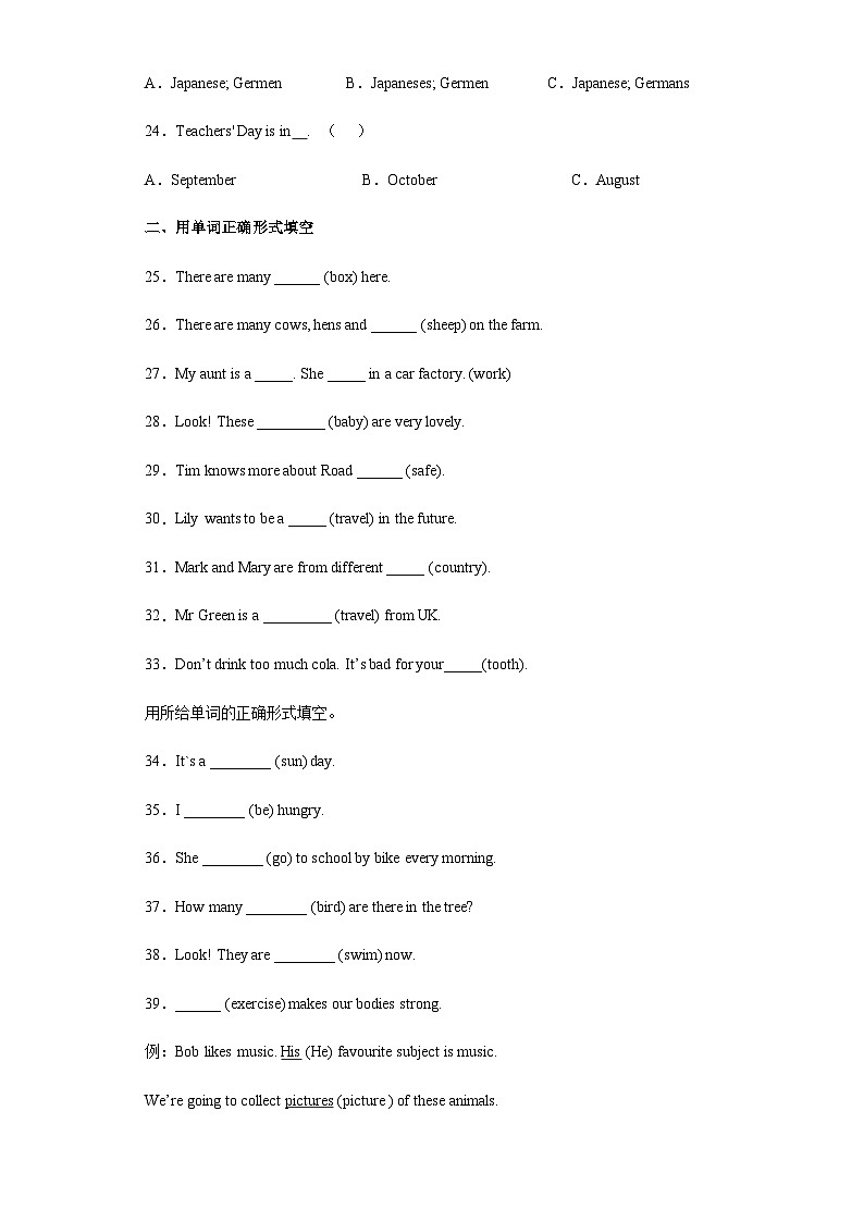 暑假五年级五升六小学英语语法专练名词、冠词 人教PEP版(含解析)第3页