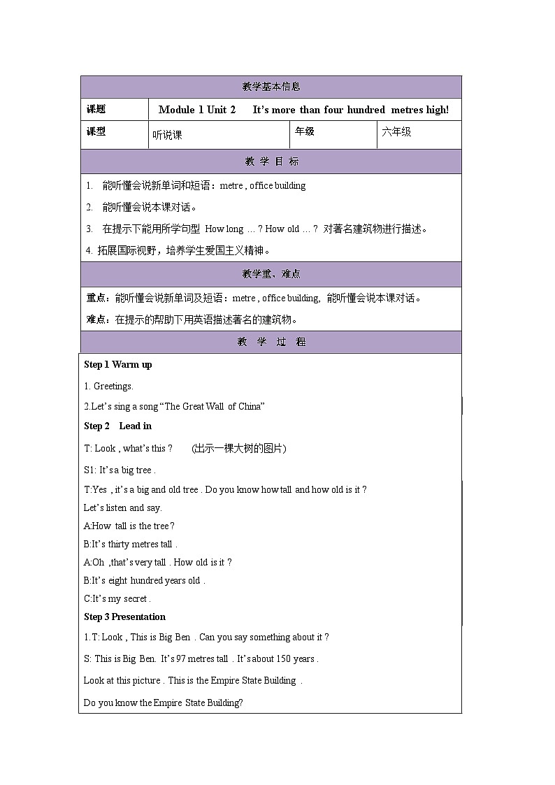 Module 1 Unit 2 It‘s more than four hundred metres high!表格式教案（含教學(xué)反思）第1頁(yè)