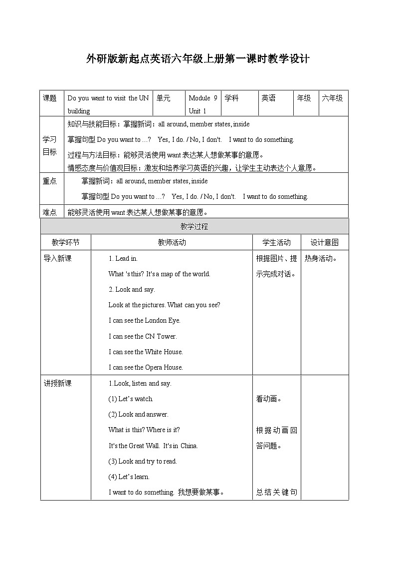 外研版英语六年级上册Module 9 Unit 1 Do you want to visit the UN building(课件+教案+练习+素材)01
