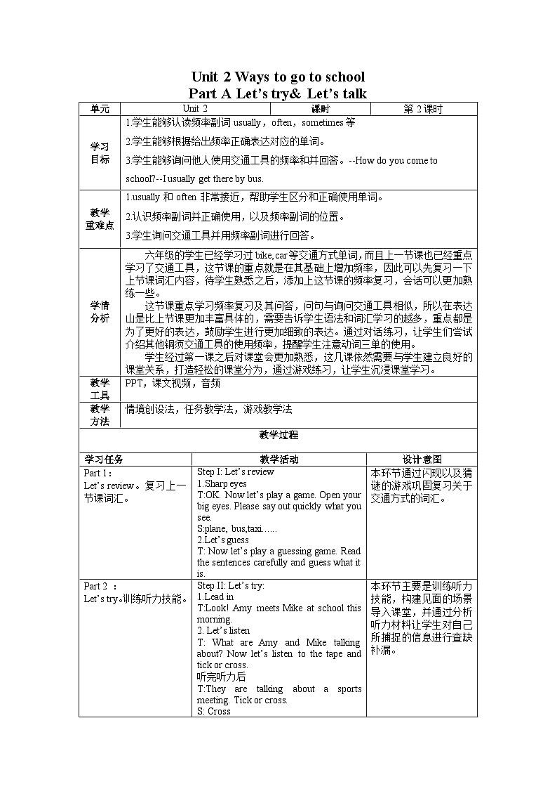 【核心素养】人教PEP版英语六年级上册 Unit 2(第2课时) Part A Let's try&Let's talk 教学课件+同步教案+同步练习+任务单+同步教案01
