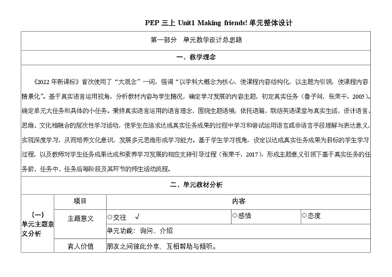 人教pep版英语三年级上册Unit1 Making friends A Let’s talk 课件+单元整体教学设计+素材01