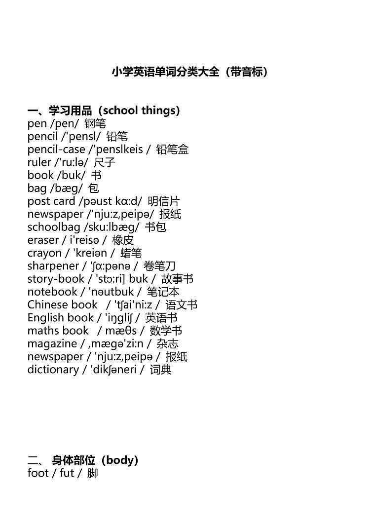 人教版小升初考试专项:小学英语1-6年级单词分类表大全(带音标)第1页