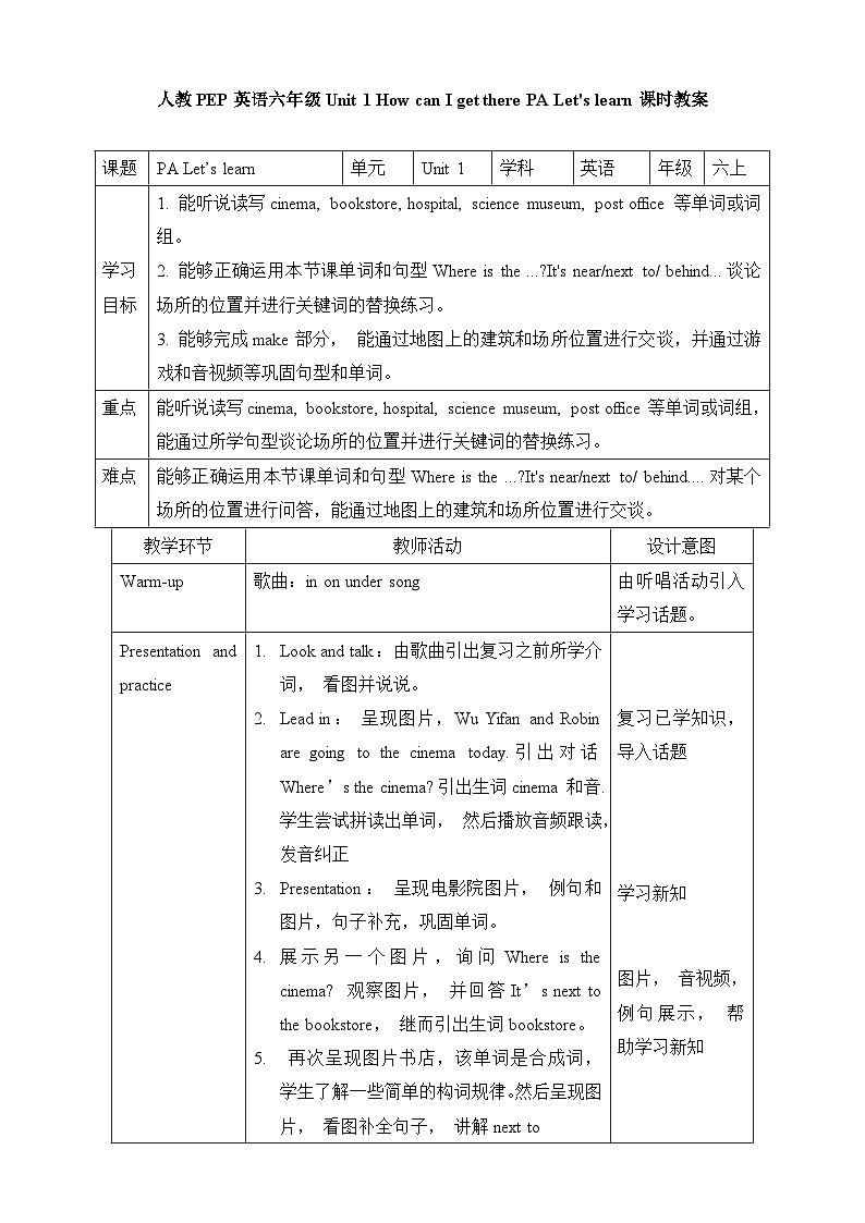 人教版英语六上Unit 1 《How can I get there PA Let's learn》课件+教案+动画素材01