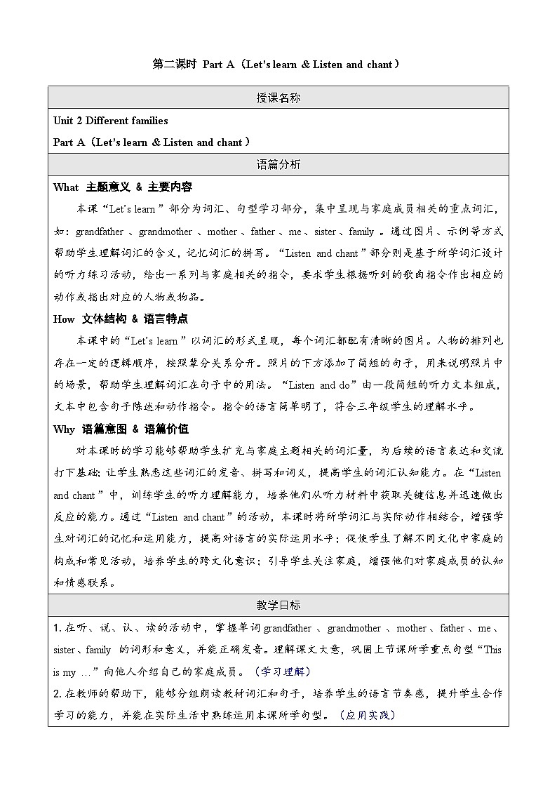 Unit 2 Different families 第二课时 Part A(Let's learn & Listen and chant)(教案)-2024-2025学年人教PEP版(2024)英语三年级上册01