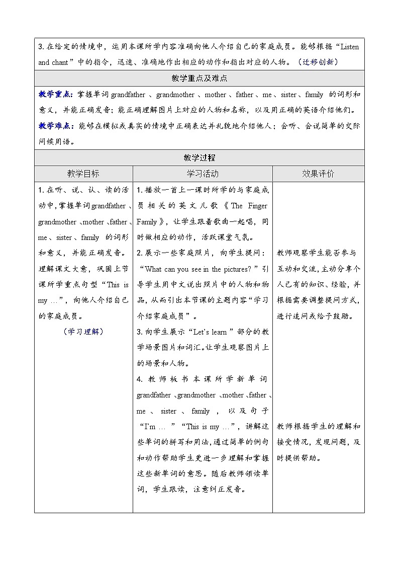 Unit 2 Different families 第二课时 Part A(Let's learn & Listen and chant)(教案)-2024-2025学年人教PEP版(2024)英语三年级上册02