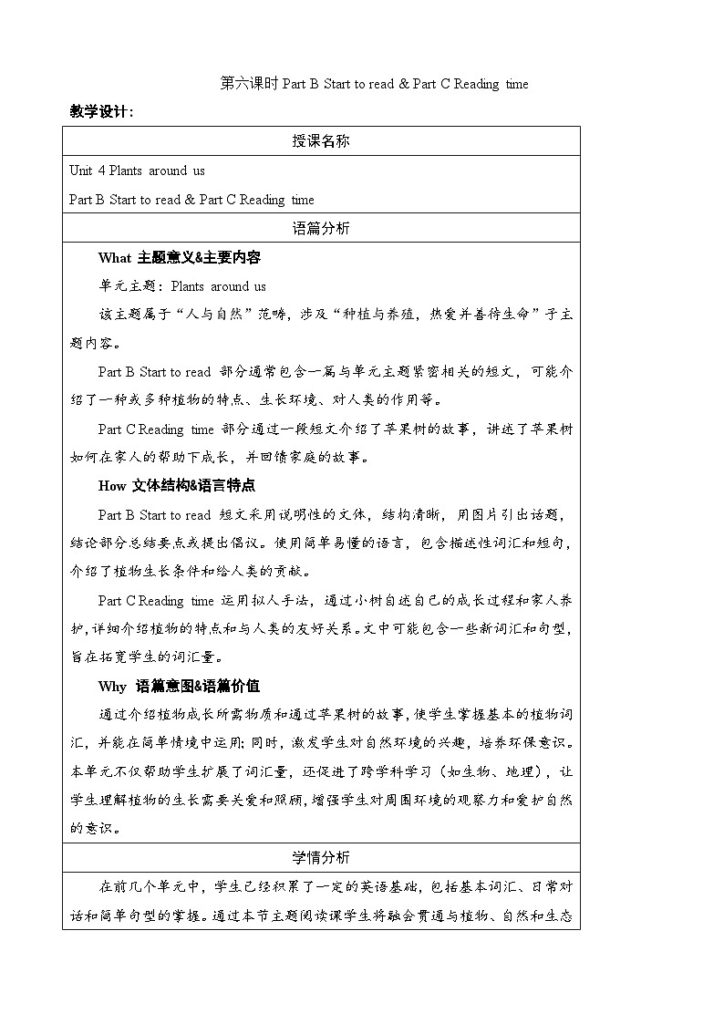 Unit 4 Plants around us 第六课时 Part B Start to read & Part C Reading time(教案)-2024-2025学年人教PEP版(2024)英语三年级上册01
