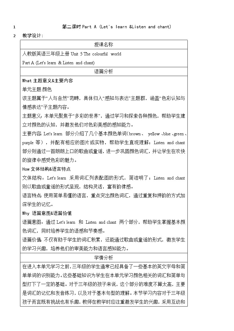 Unit 5 The colourful world 第二课时Part A (Let's learn & Listen and chant)(教案)-2024-2025学年人教PEP版(2024)英语三年级上册01