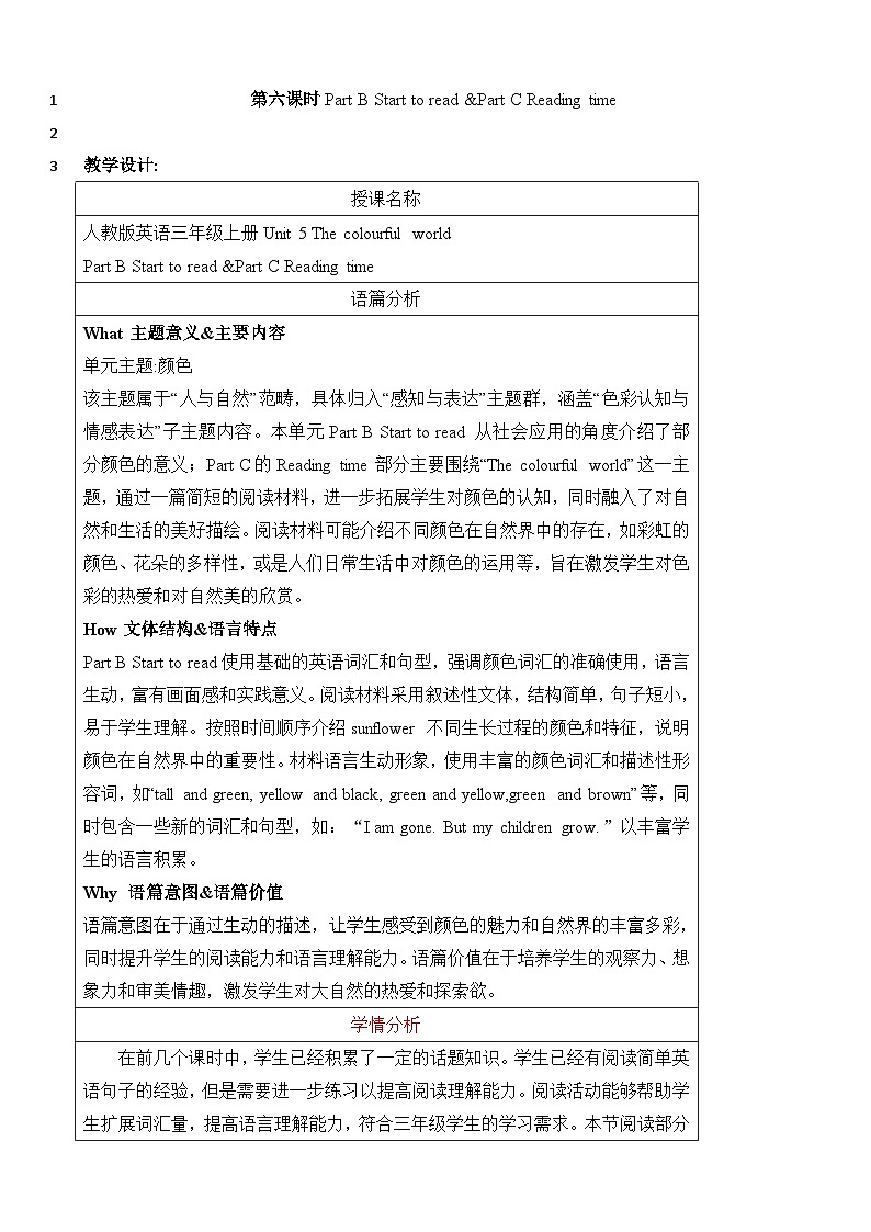 Unit 5 The colourful world 第六课时Part B Start to read &Part C Reading time(教案)-2024-2025学年人教PEP版(2024)英语三年级上册01