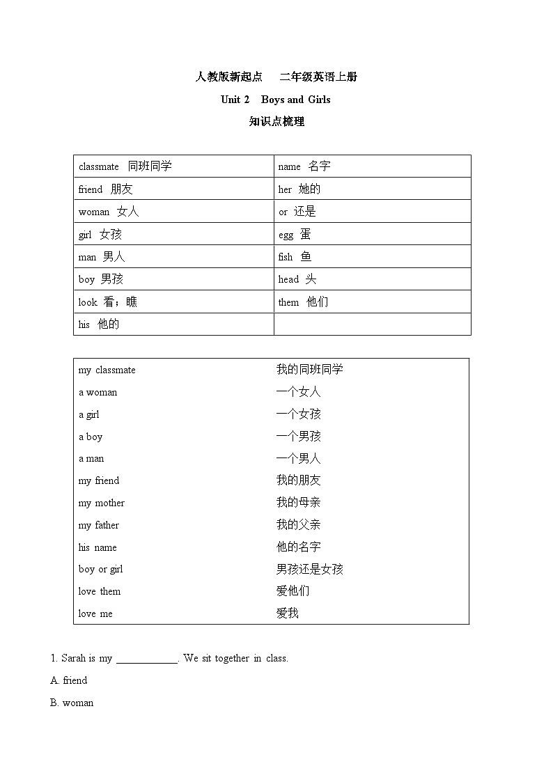 人教版新起點英語二上 Unit2《Boys and Girls》知識點梳理講義第1頁