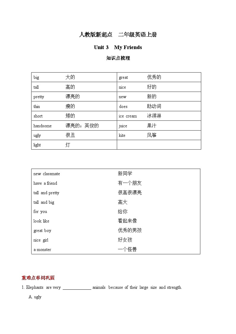 人教版新起點(diǎn)英語二上 Unit3《My Friends》知識點(diǎn)梳理講義第1頁