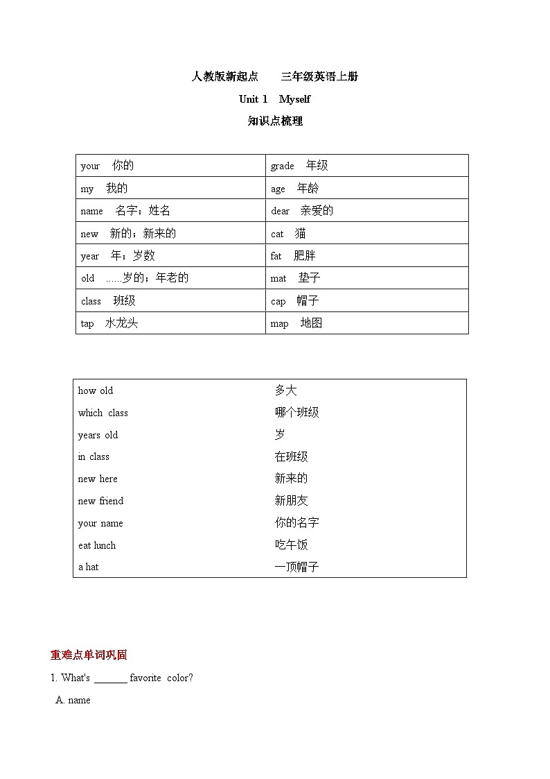 人教版新起点英语三上 Unit 1 《Myself》 知识点梳理讲义第1页