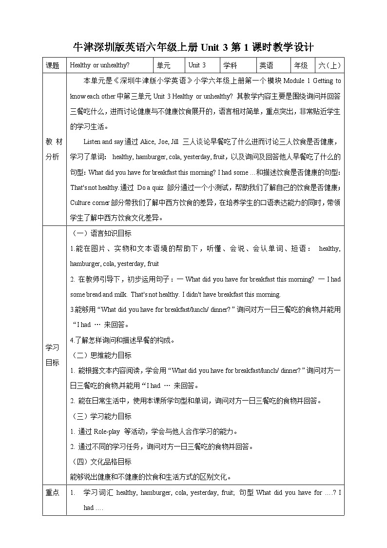 牛津深圳版英語六上Unit 3 《Healthy or unhealthy？ Listen and say Do a quiz Culture corner》教案第1頁