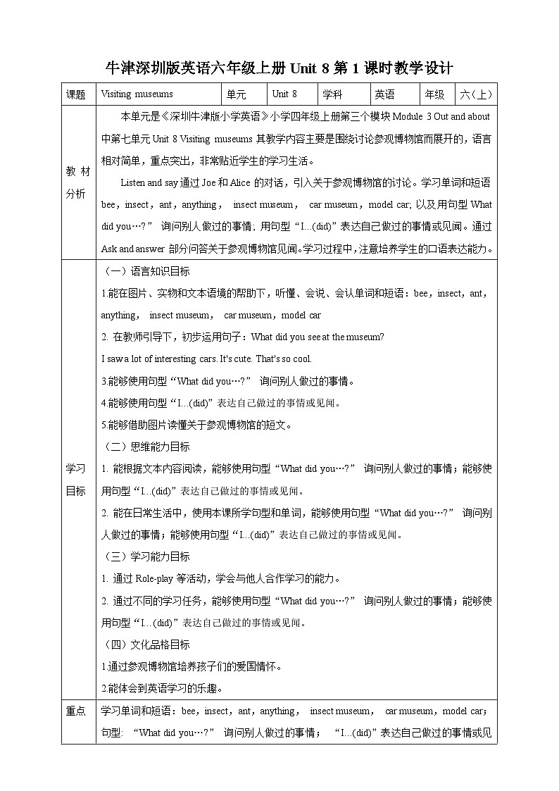 牛津深圳版英语六上Unit 8 《Visiting museums Listen and say Ask and answer》课件+教案+分层练习01